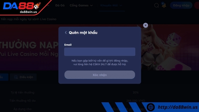 Lỗi quên tên đăng nhập hoặc mật khẩu khi đăng nhập DA88